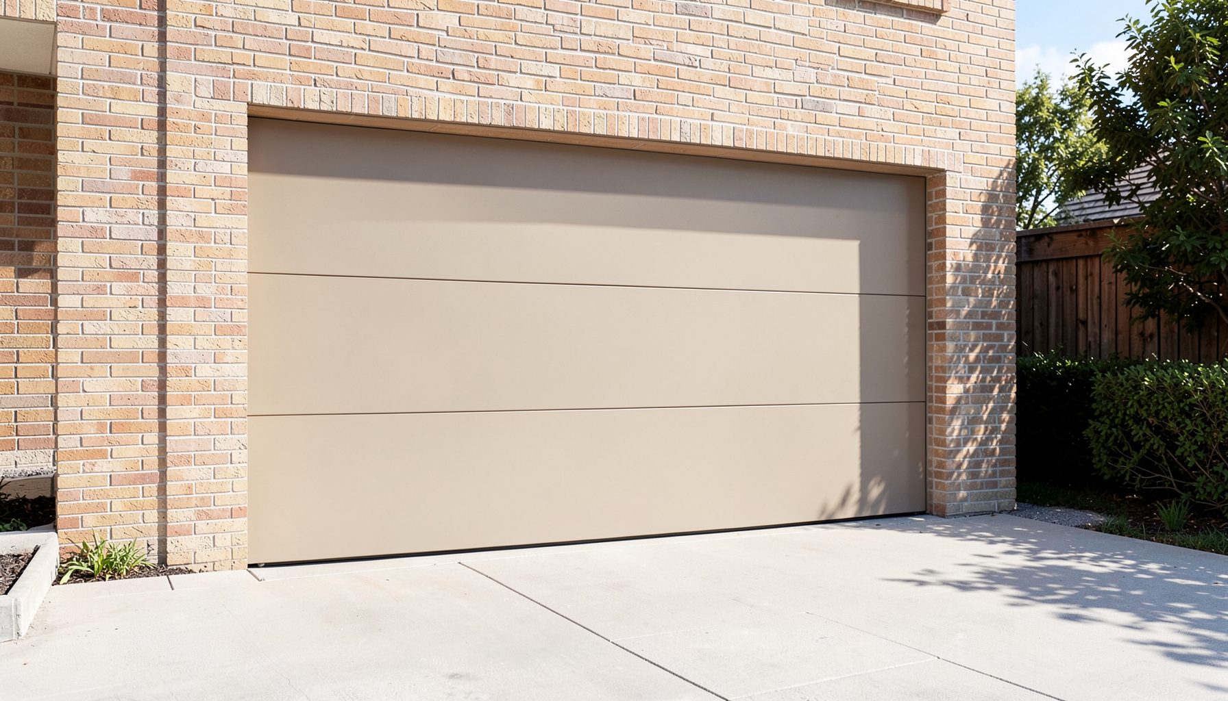 A modern residential garage door in a warm neutral tone, set into a clean brick exterior wall on a bright sunny day, casting soft shadows across the driveway.