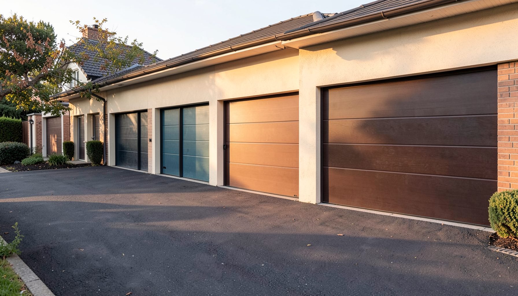 A row of modern residential garage doors in varied materials and finishes, with warm afternoon light casting soft shadows across a quiet suburban driveway.