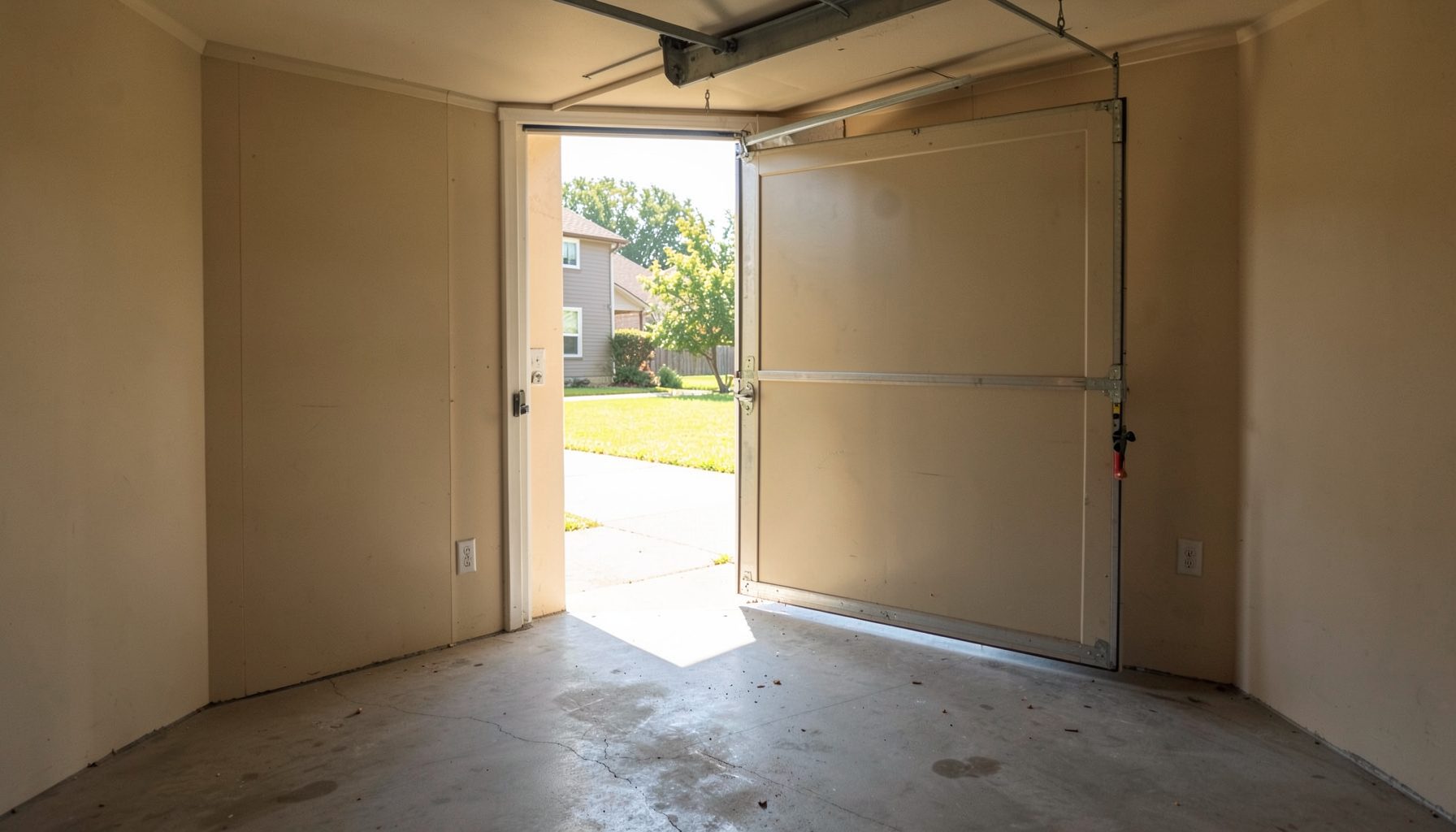 A residential garage door partially open, seen from inside the garage on a sunny day. Warm natural light spills across the concrete floor. The mood is calm and practical, with neutral beige walls and a quiet suburban feel.