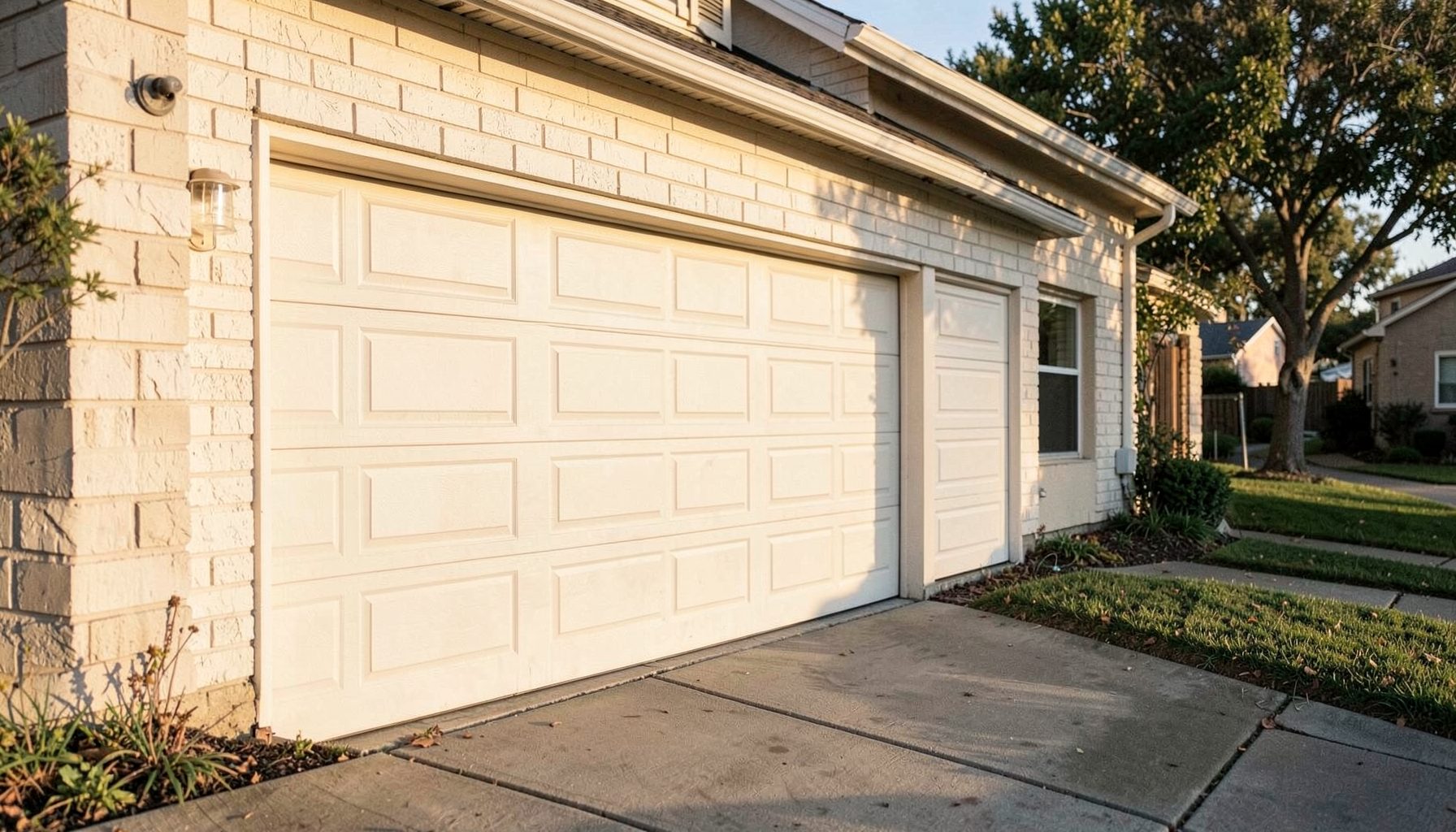 A slightly misaligned residential garage door on a quiet suburban street, warm afternoon light casting soft shadows, muted beige and cream tones with a calm, everyday mood.