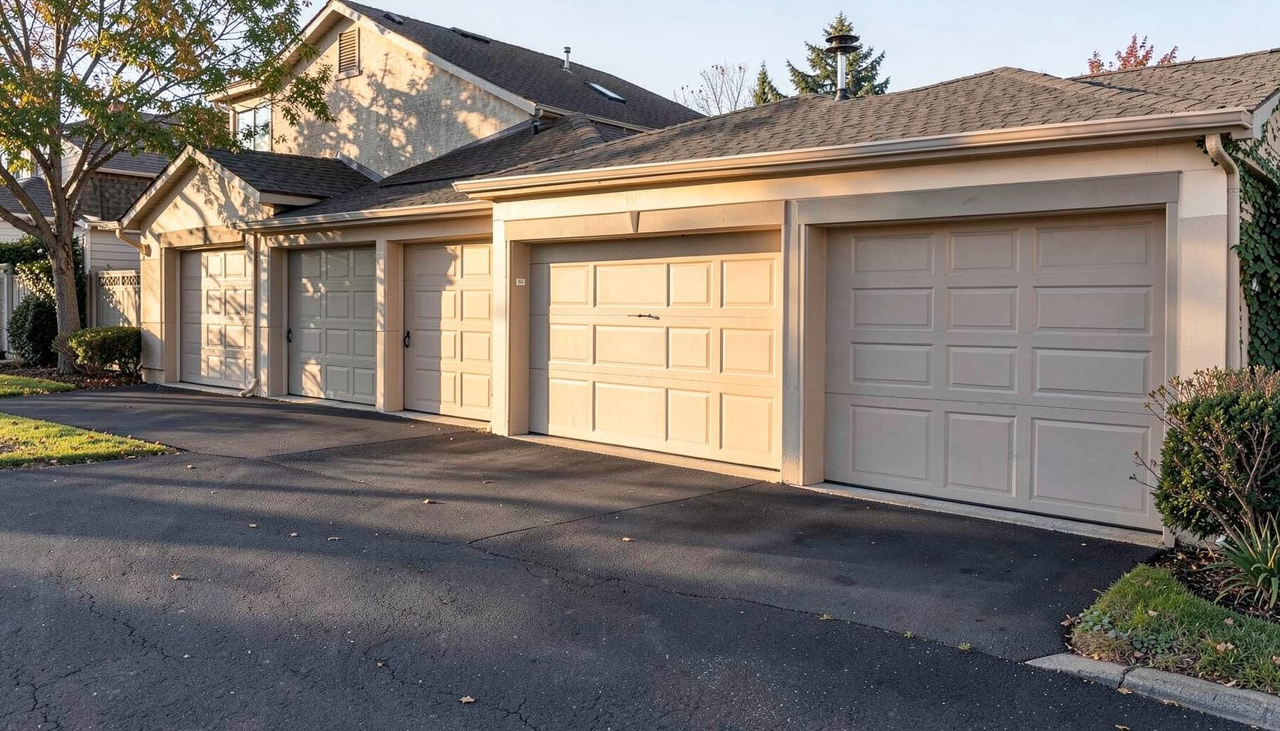 A row of closed garage doors on a quiet suburban street, painted in warm beige and soft gray tones, with gentle afternoon sunlight casting long shadows across the driveway.