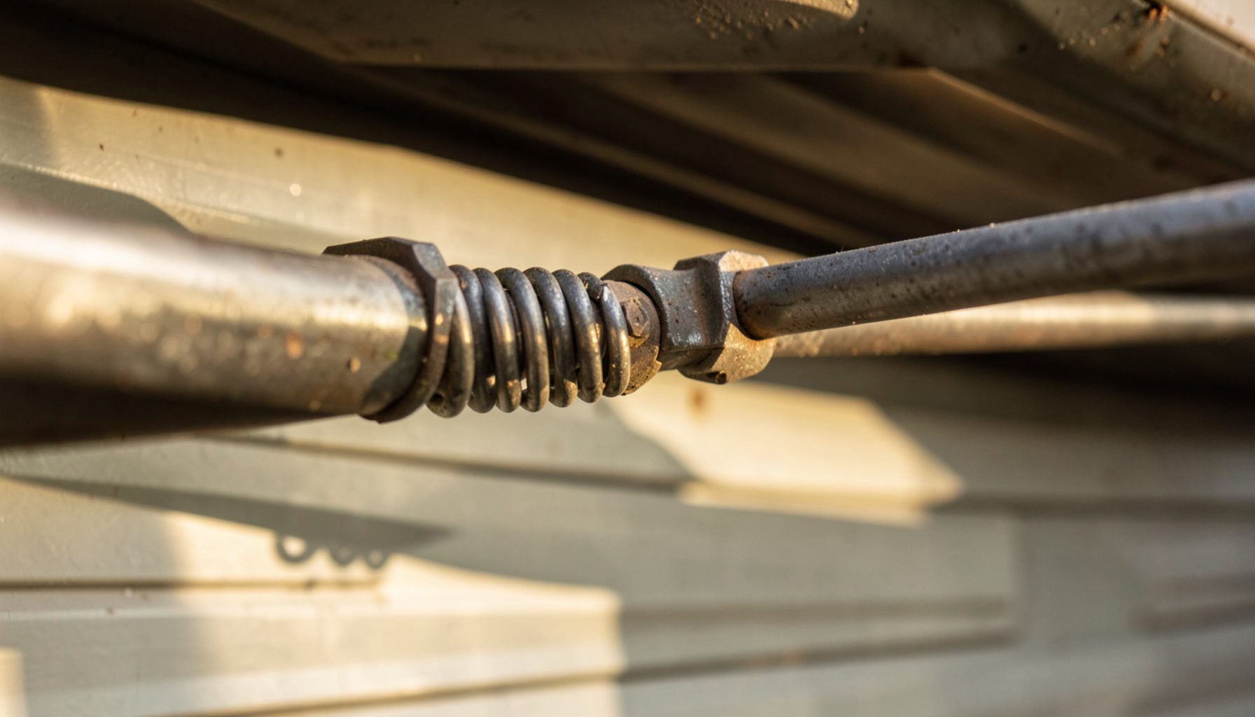 Close-up of a sturdy metal torsion spring mounted on a horizontal shaft above a closed garage door, with warm natural light casting soft shadows across the assembly.