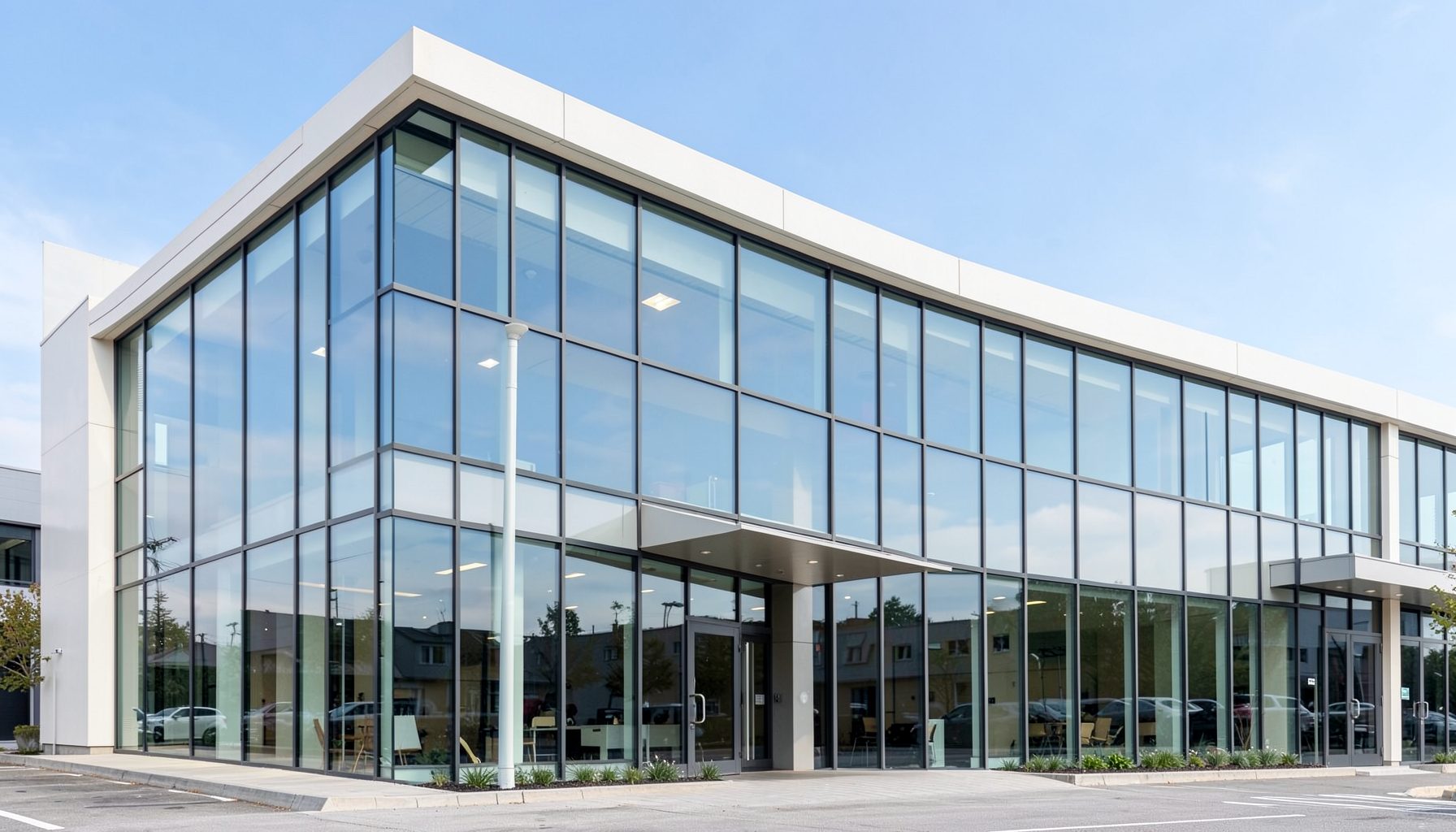 A clean, modern office building exterior with large glass windows, set against a soft blue sky, conveying a professional and welcoming atmosphere.